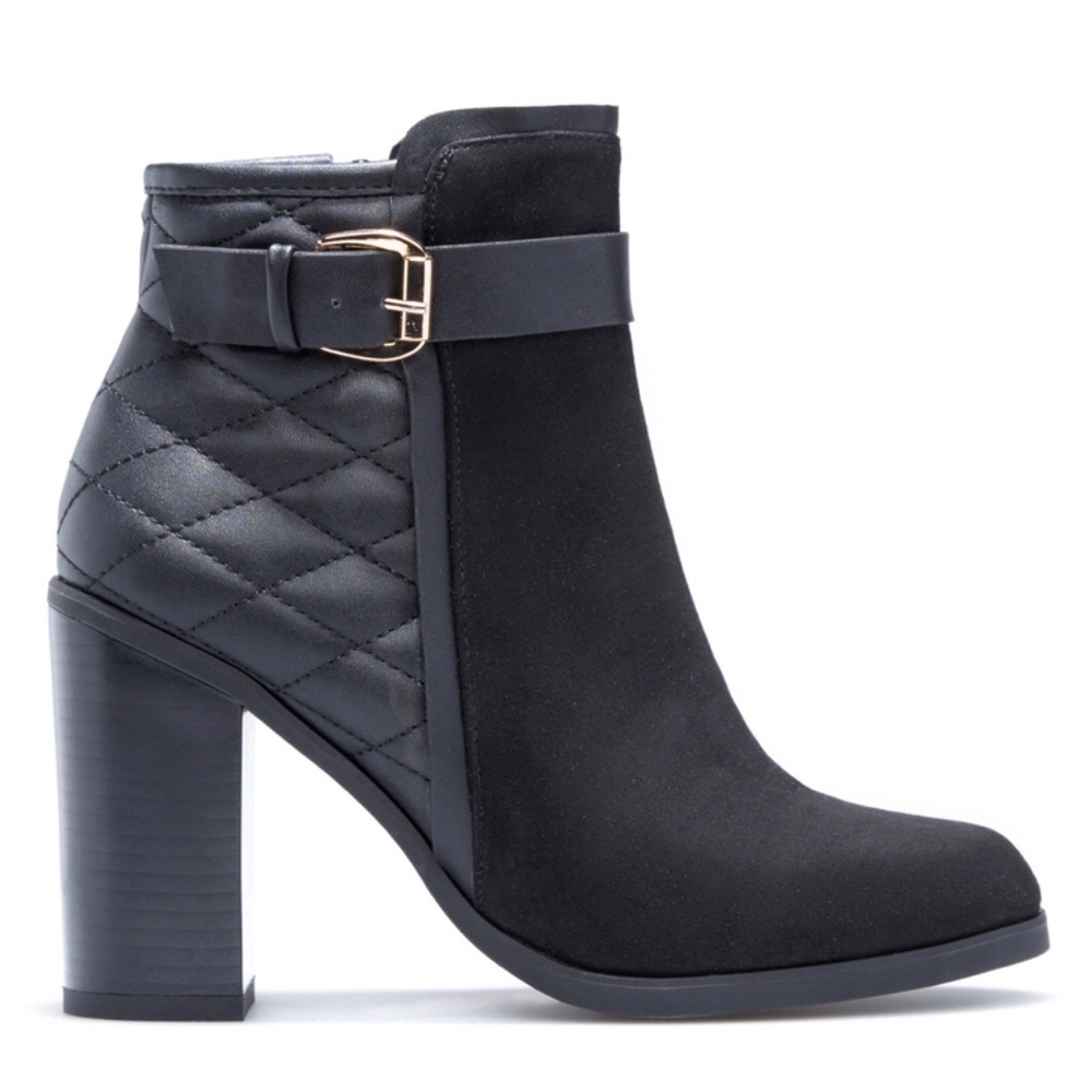 Black Faux Suede & Leather Quilted Heel Booties
